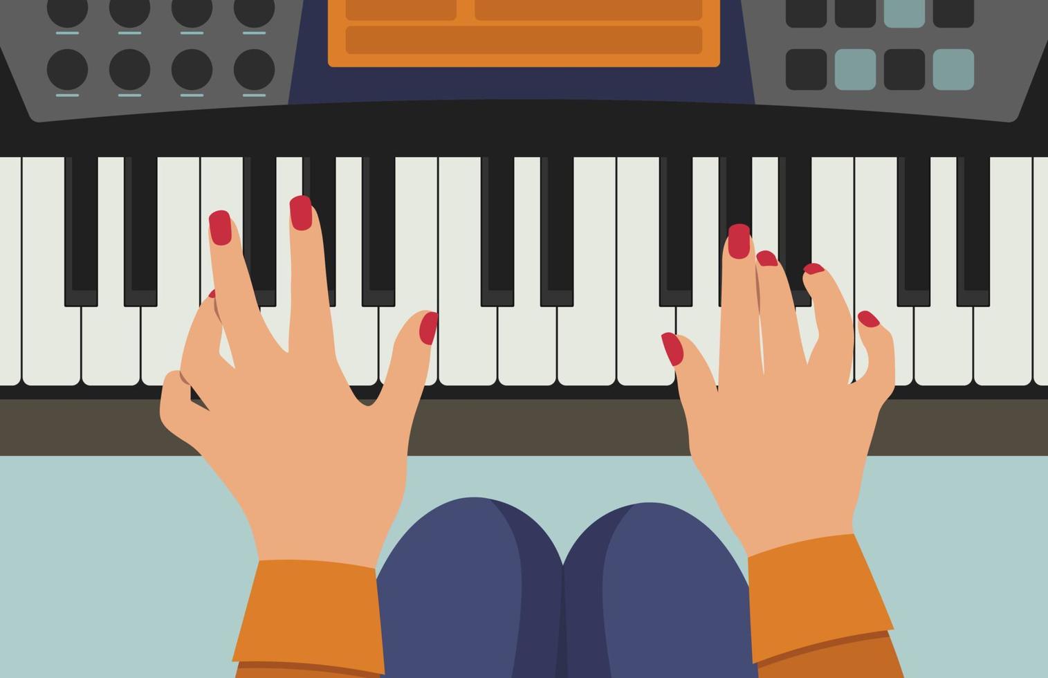 Top View Of Piano Keyboard. Woman Playing Music Vector Illustration In Flat Style