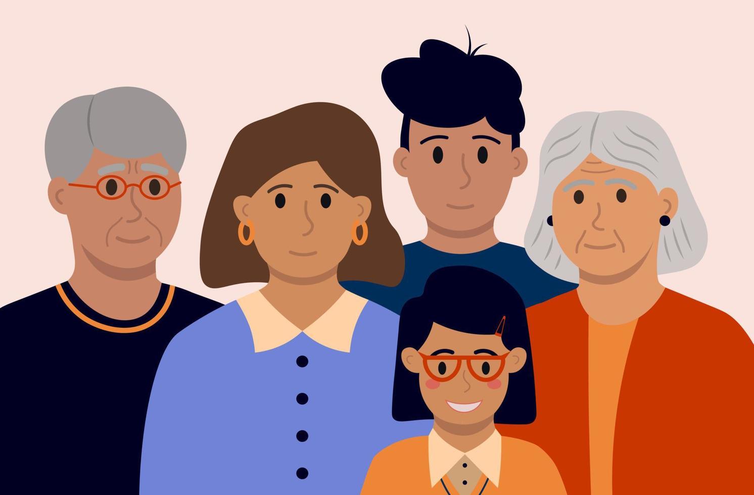 retrato de una gran ilustración de vector familiar multigeneracional feliz en estilo plano