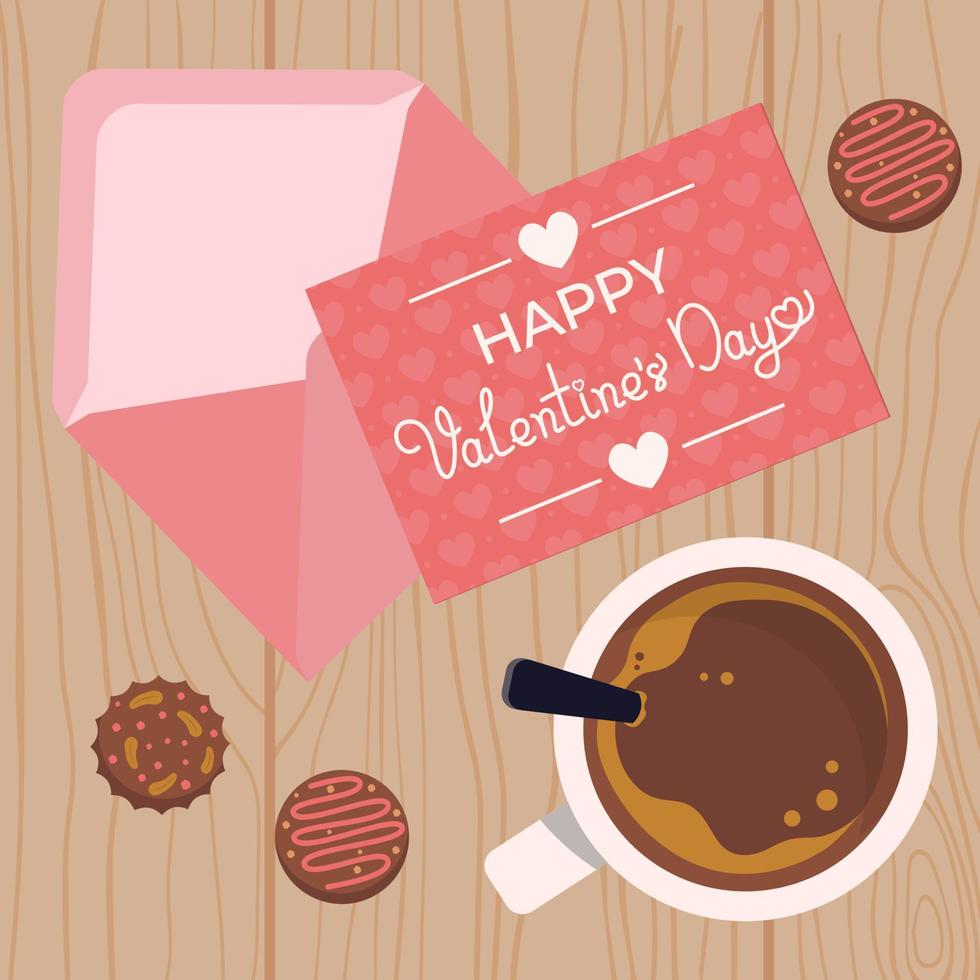 vista superior del escritorio con café, dulces y postal de San Valentín ilustración vectorial en estilo plano vector