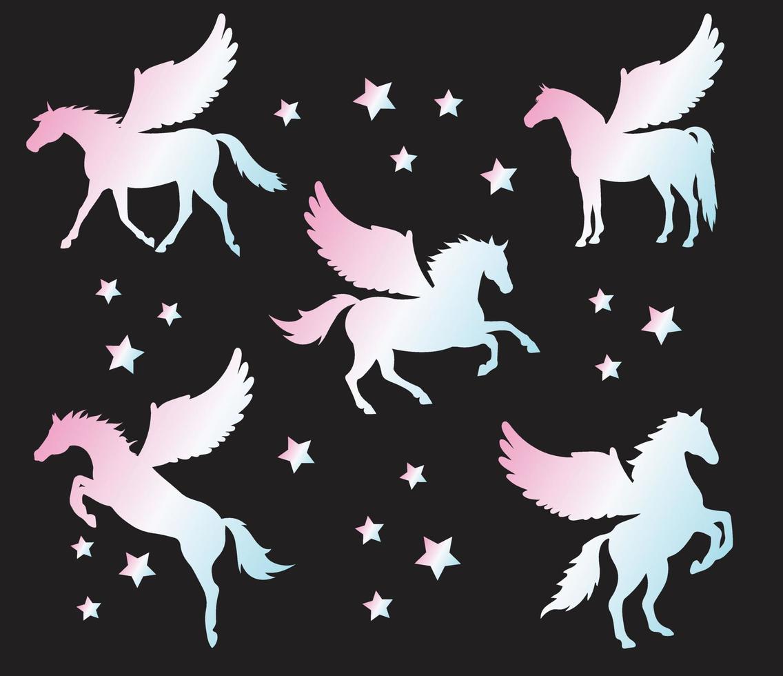 conjunto vectorial de silueta plana de unicornio pegaso vector