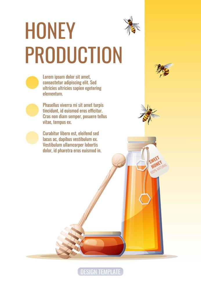 Flyer design, advertising banner with honey products.  Honey shop, healthy and sweet products. Vector illustration of poster in a4 size for flyer, banner, postcard, poster, etc.