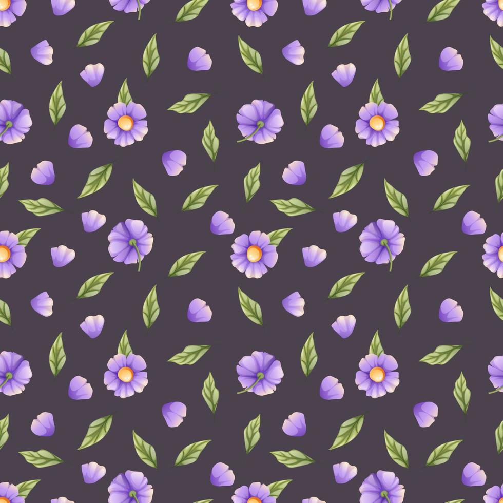 Seamless pattern with purple flowers and green leaves. Wallpaper, fabric, textile, background. vector
