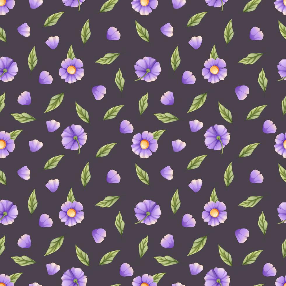 Seamless pattern with purple flowers and green leaves. Wallpaper, fabric, textile, background. vector