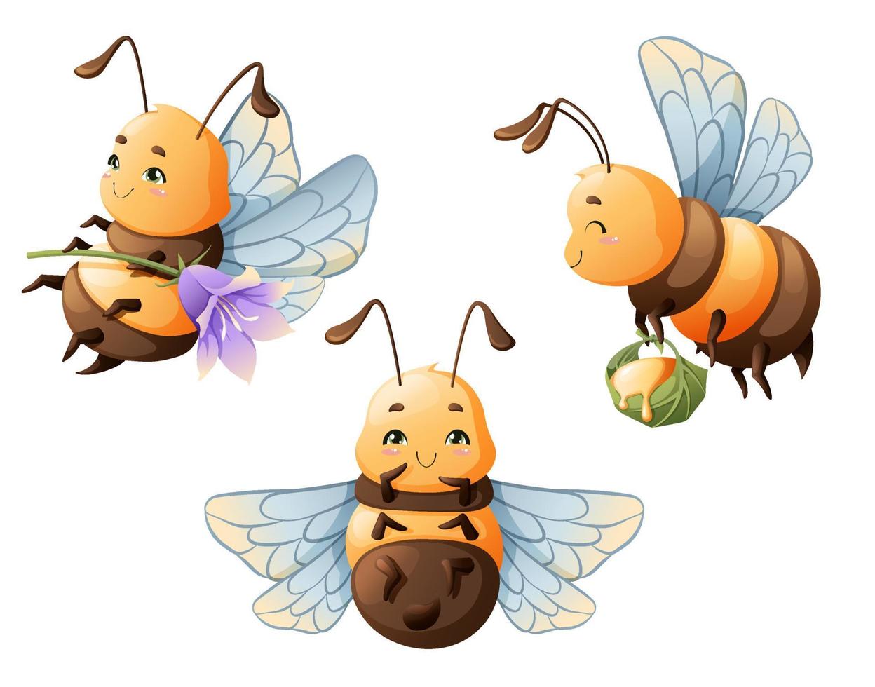 Set of cartoon flying bees. Cute insects with flower and honey. Children's vector illustration for the design of books, clothes, etc.