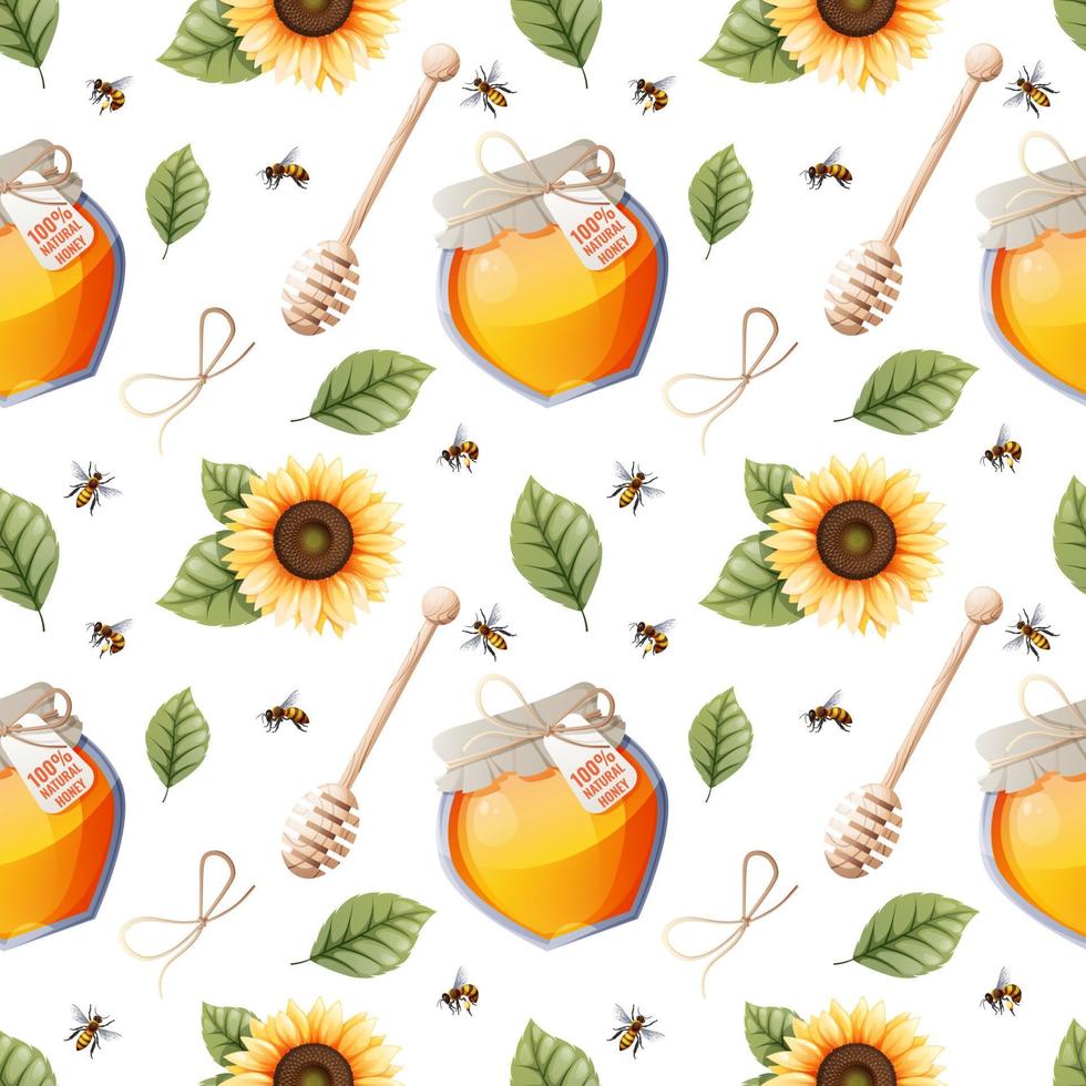 Seamless pattern with honey jar, sunflower, leaves and spoon. Honey products. Great for textiles, wrapping paper, wallpapers. vector