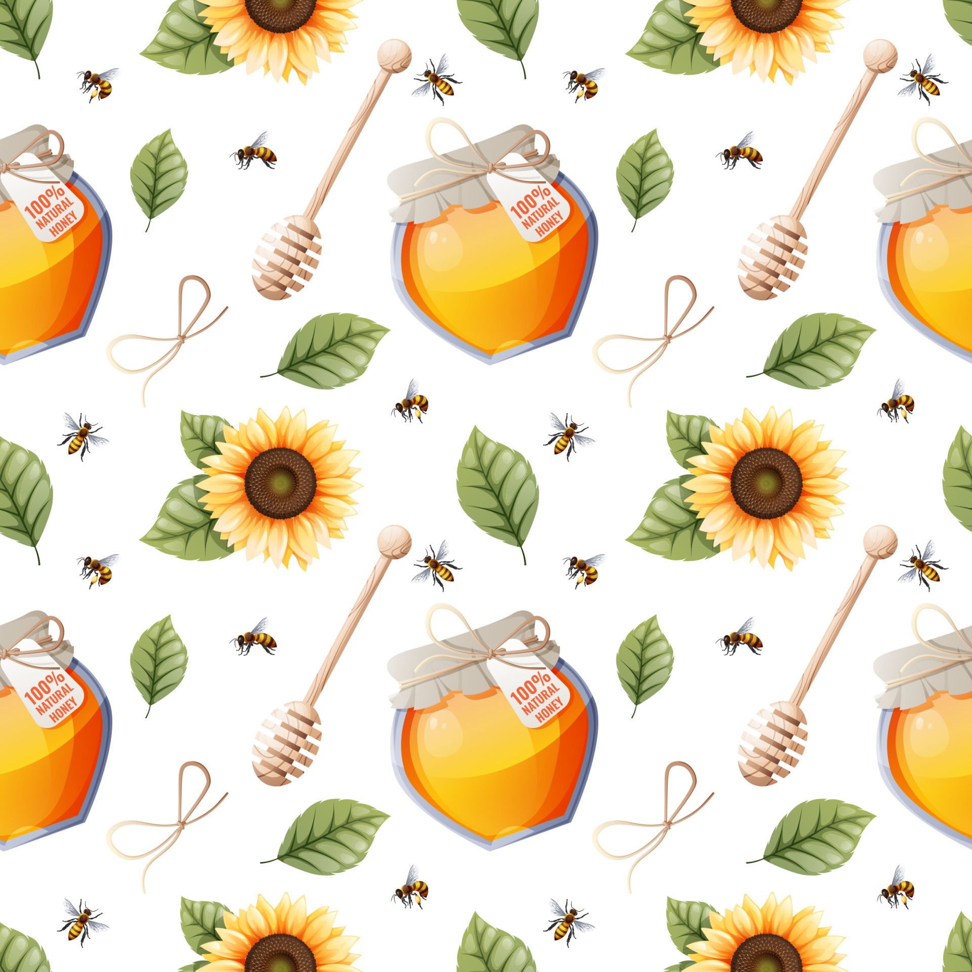 Seamless pattern with honey jar, sunflower, leaves and spoon. Honey
