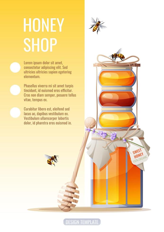 Flyer design, advertising banner with a natural useful product-honey. Honey shop, health and sweet products. Vector illustration of poster in a4 size for flyer, banner, postcard, poster, etc.