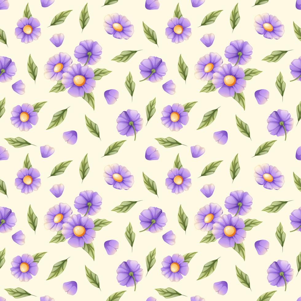 Seamless pattern with purple flowers and green leaves. Wallpaper, fabric, textile, background. vector