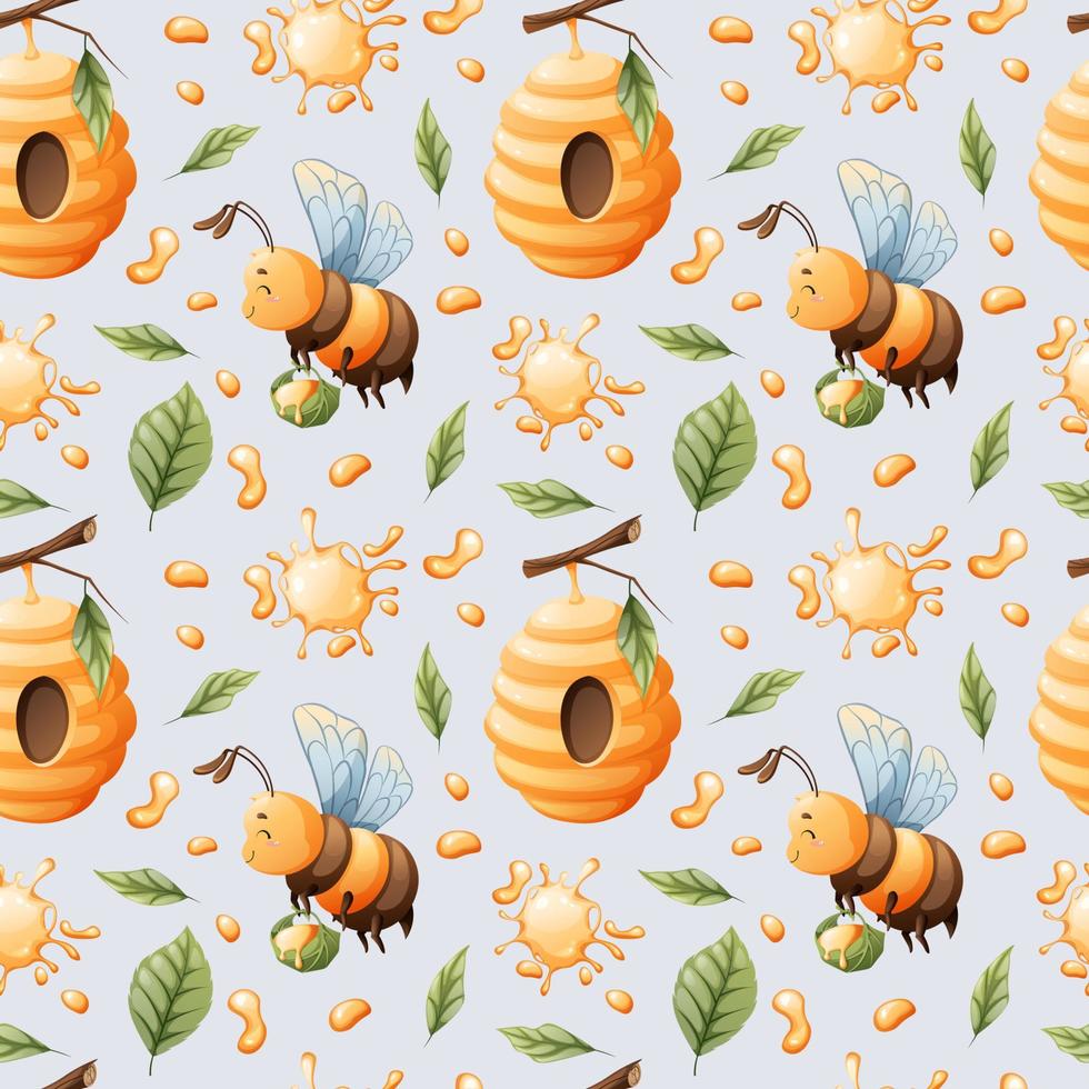 Vector seamless pattern with cute bees, honey, hive and flowers. Great for textiles, wallpapers, backgrounds