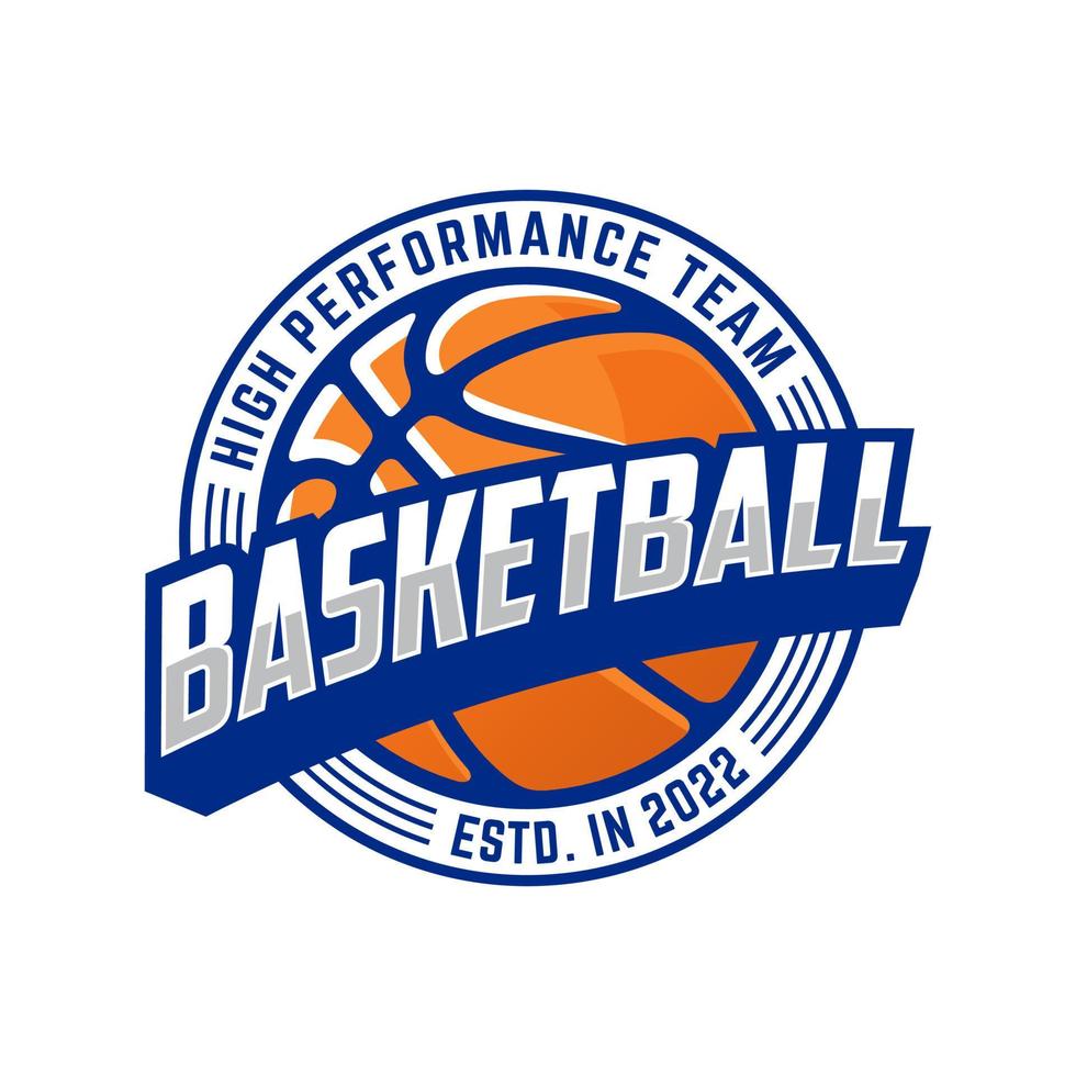 logo del club de baloncesto, emblema, diseños con pelota. Ilustración de vector de insignia de deporte