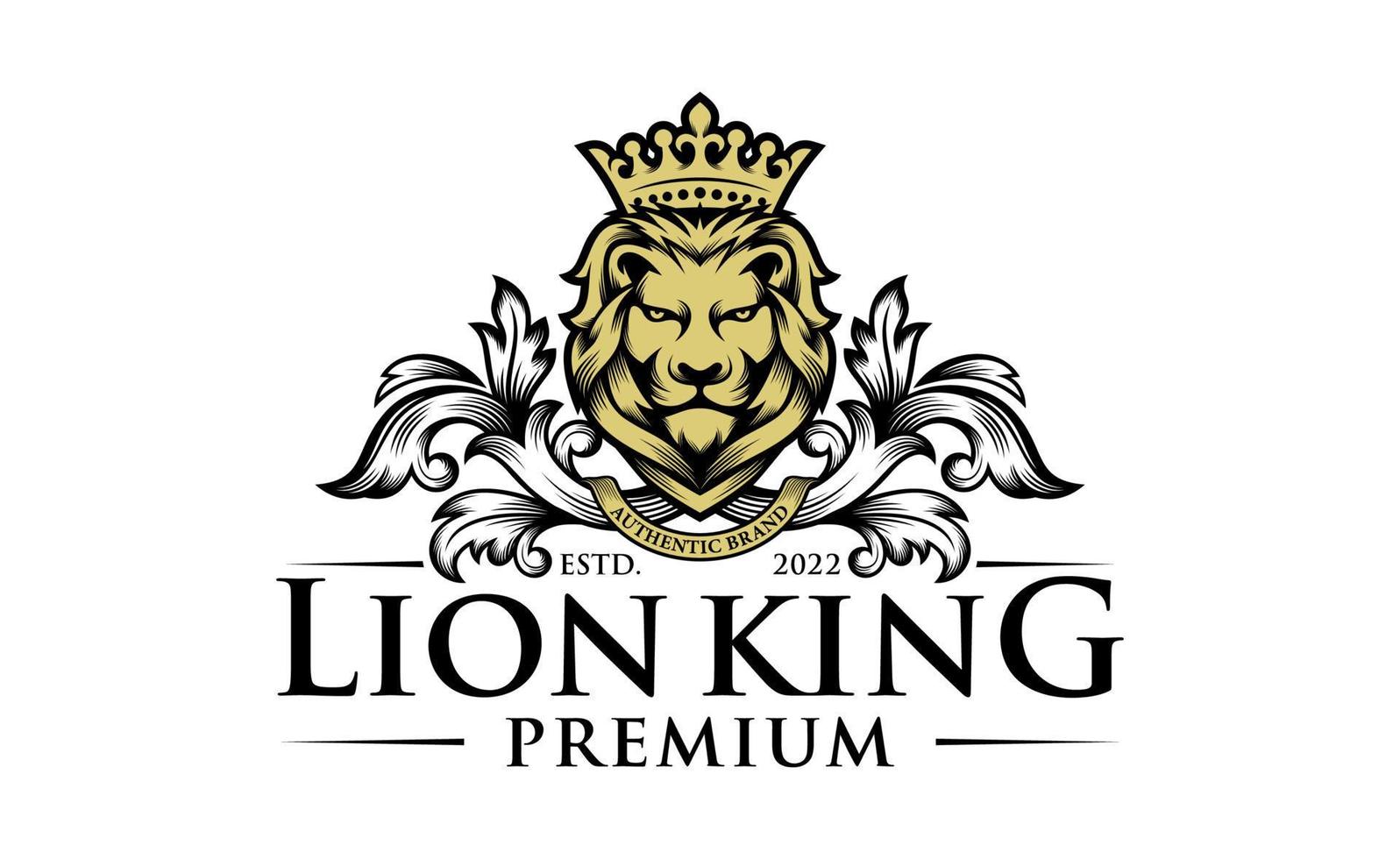 Royal king lion crown symbols. Elegant gold Leo animal logo. Premium luxury brand identity icon. Vector illustration.