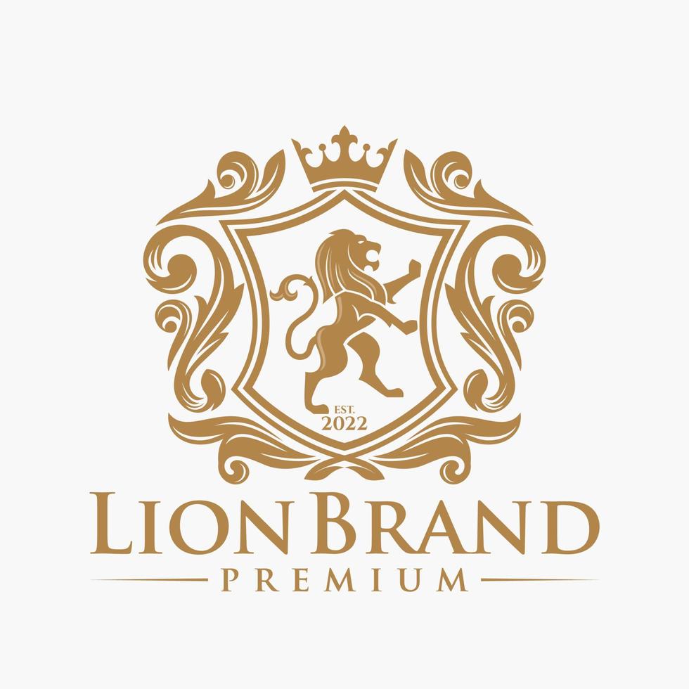 Luxury Lion crest heraldry logo. Elegant gold heraldic shield icon. Premium brand identity emblem. Royal coat of arms company label symbol. Modern vector illustration.