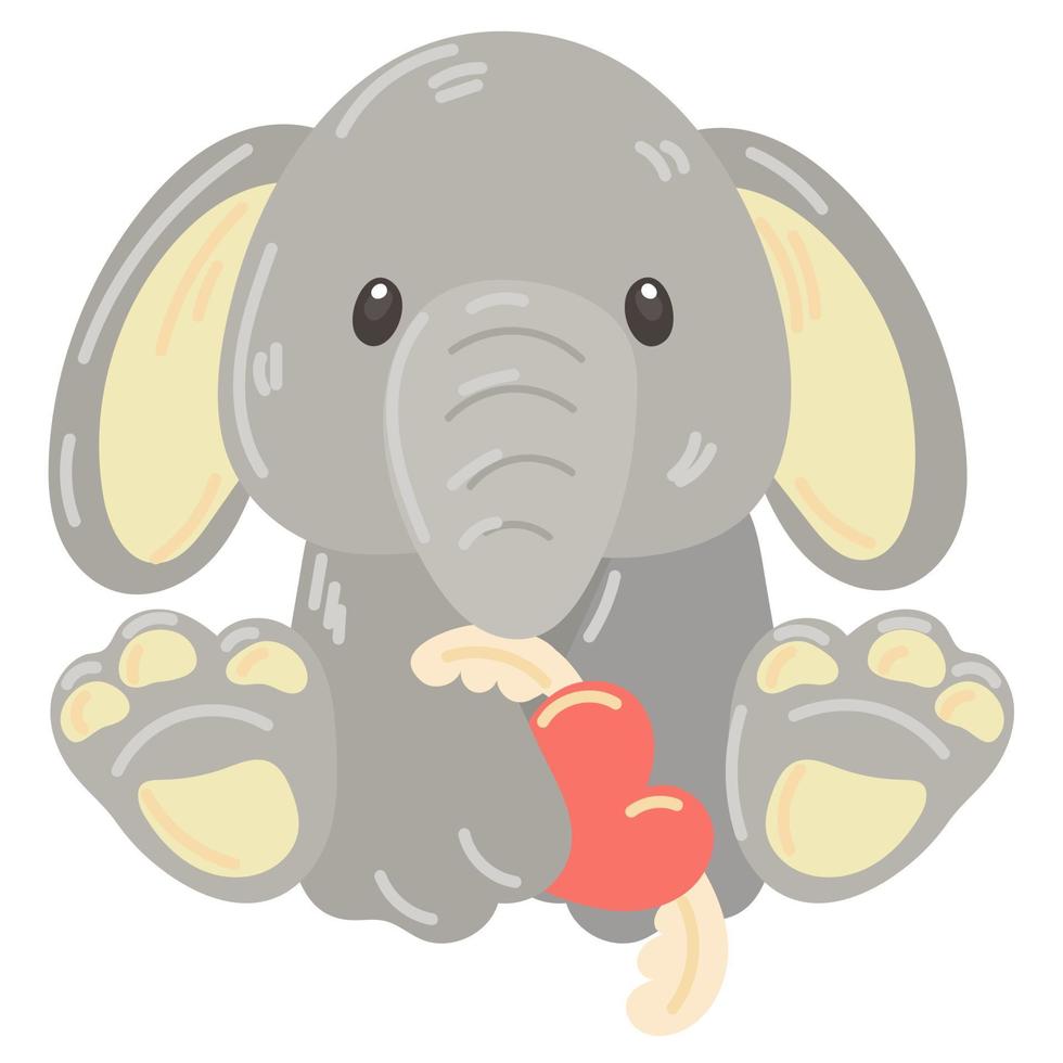 lindo elefante de peluche en el corazón de las patas con alas. un elefante gris de peluche como regalo para el día de san valentín. un regalo para tus seres queridos. un simpático juguete para niños en delicados tonos. ilustración de dibujos animados vector