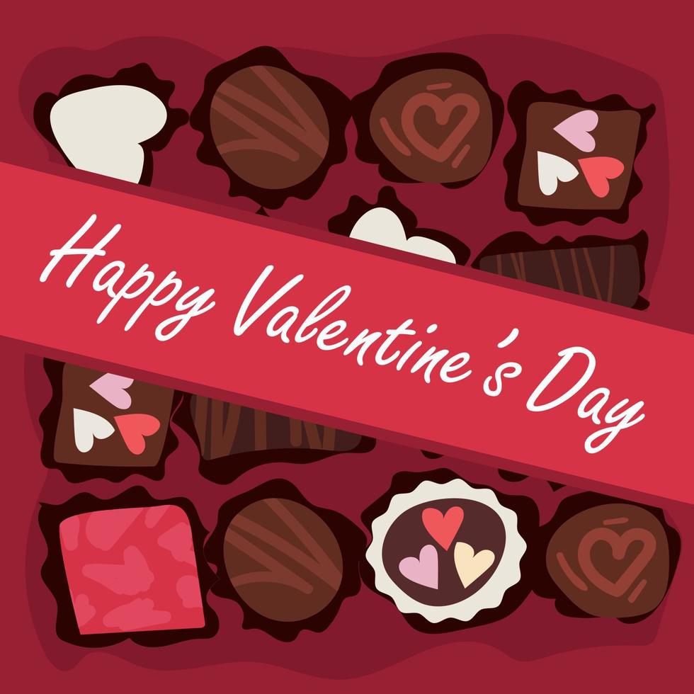 Illustration with chocolates in the form of a Valentine's day card. Candy on a pink background with an inscription. Printing on paper for the holiday. Mother's day, birthday. Postcard, banner vector