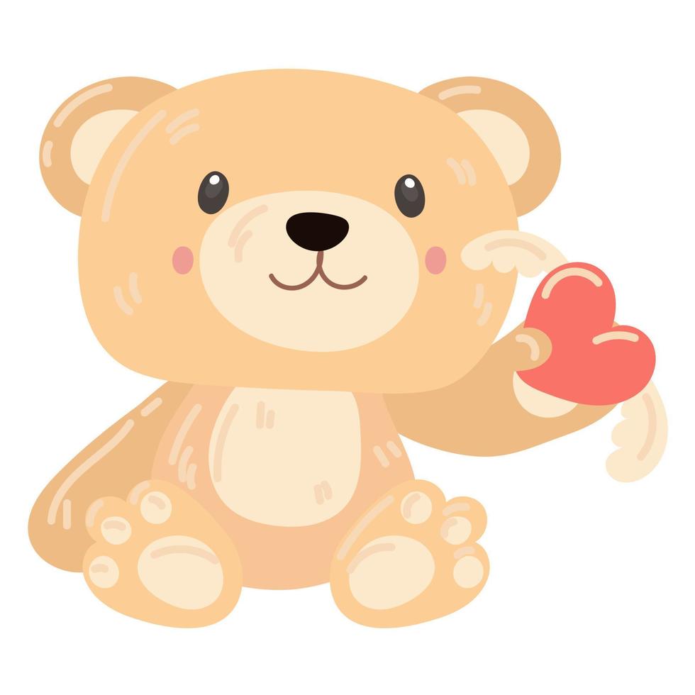 lindo oso de peluche en patas corazón con alas. un oso de peluche como regalo para el día de san valentín. un regalo para tus seres queridos. un simpático juguete para niños en delicados tonos. ilustración vectorial de dibujos animados vector