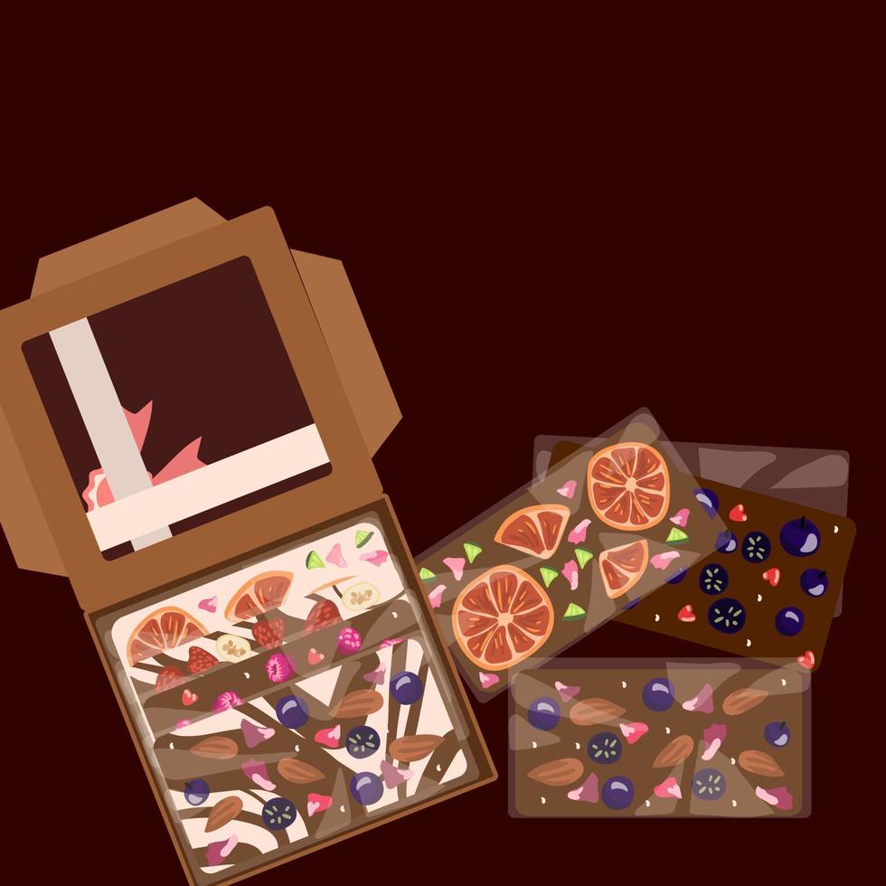 Chocolate negro decorativo hecho a mano en una caja. chocolate con la adición de bayas, frutas, nueces para decoración y sabor. en caja de regalo y embalaje. fondo para imprimir postales, etiquetas, pancartas vector