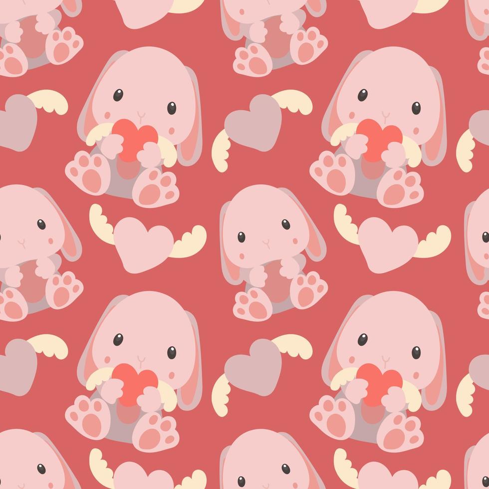Pattern of soft toys. Pink rabbit with a toy in his hands and in different poses. Background for printing on textiles and paper. Gift packaging for children's parties. Background for boys and girls vector