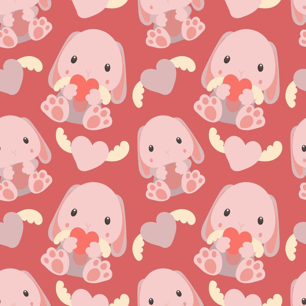 Pattern of soft toys. Pink rabbit with a toy in his hands and in different poses. Background for printing on textiles and paper. Gift packaging for children's parties. Background for boys and girls vector