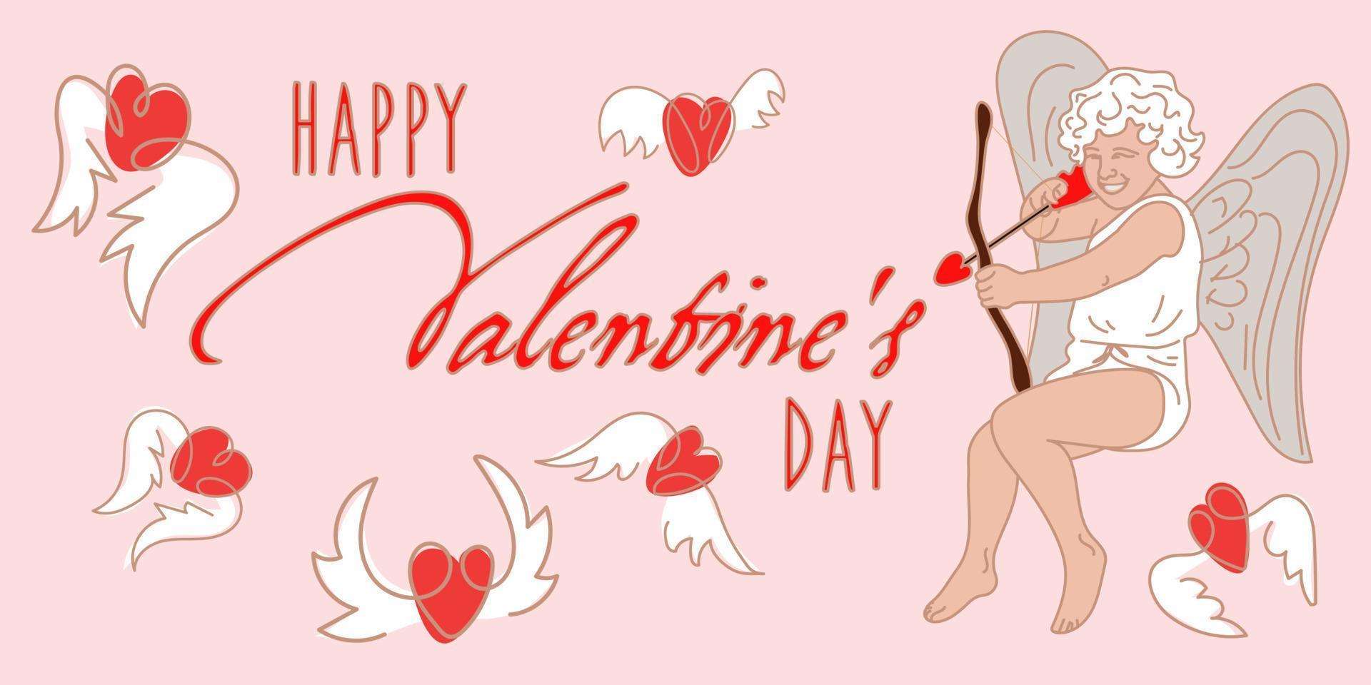 una tarjeta del día de san valentín. inscripción de feliz día de san valentín en un fondo delicado. bebé cupido dispara flechas a corazones voladores. impresión en postal de papel, pancarta vector