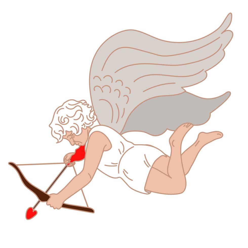 An illustration of a small cupid with a bow and arrow, which aims. a little boy with wings flies and aims love arrows at couples. The theme of Valentine's Day. Retro love vector