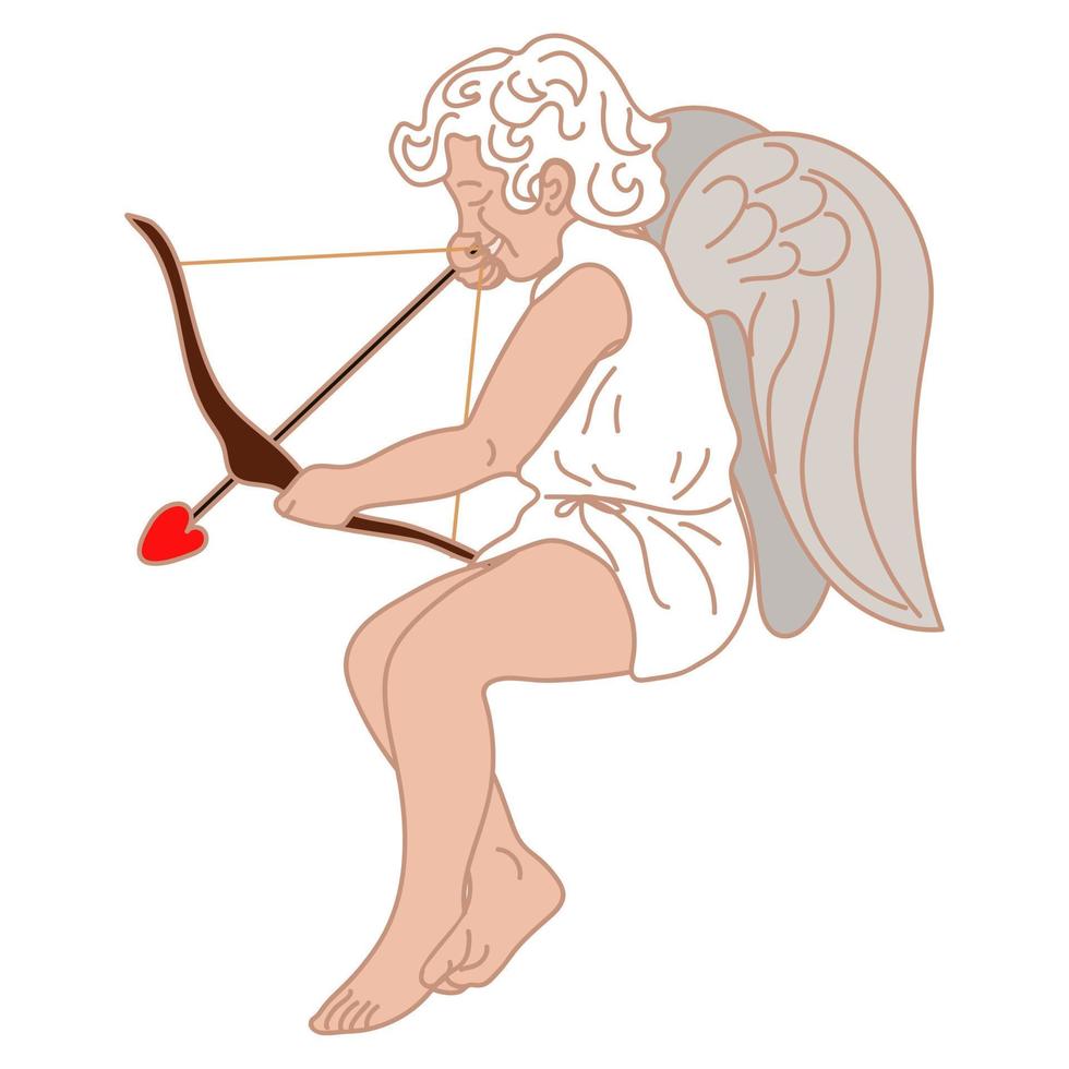 An illustration of a small cupid with a bow and arrow, which aims. a little boy with wings flies and aims love arrows at couples. The theme of Valentine's Day. Retro love vector