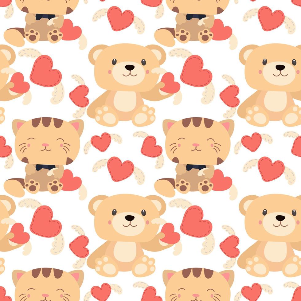 A pattern of soft toys. Beige bear and tiger with toys in their hands and different poses. Pattern for printing on textiles and paper. Gift packaging for children's parties. Pattern for boys and girls vector