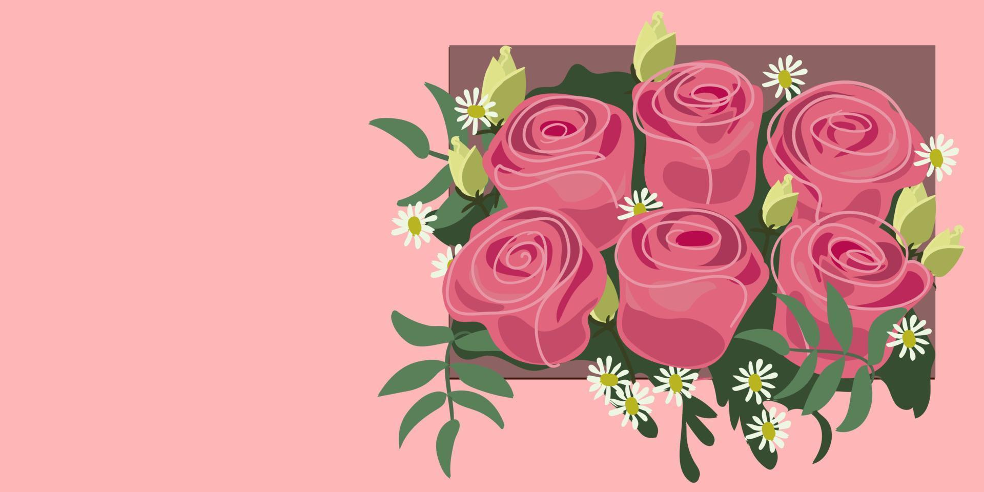 The illustration looks like a bouquet of pink roses peeking out of the frame on a pink background. Background with an illustration for the holiday with a place for the text. Theme is Valentine's Day. vector