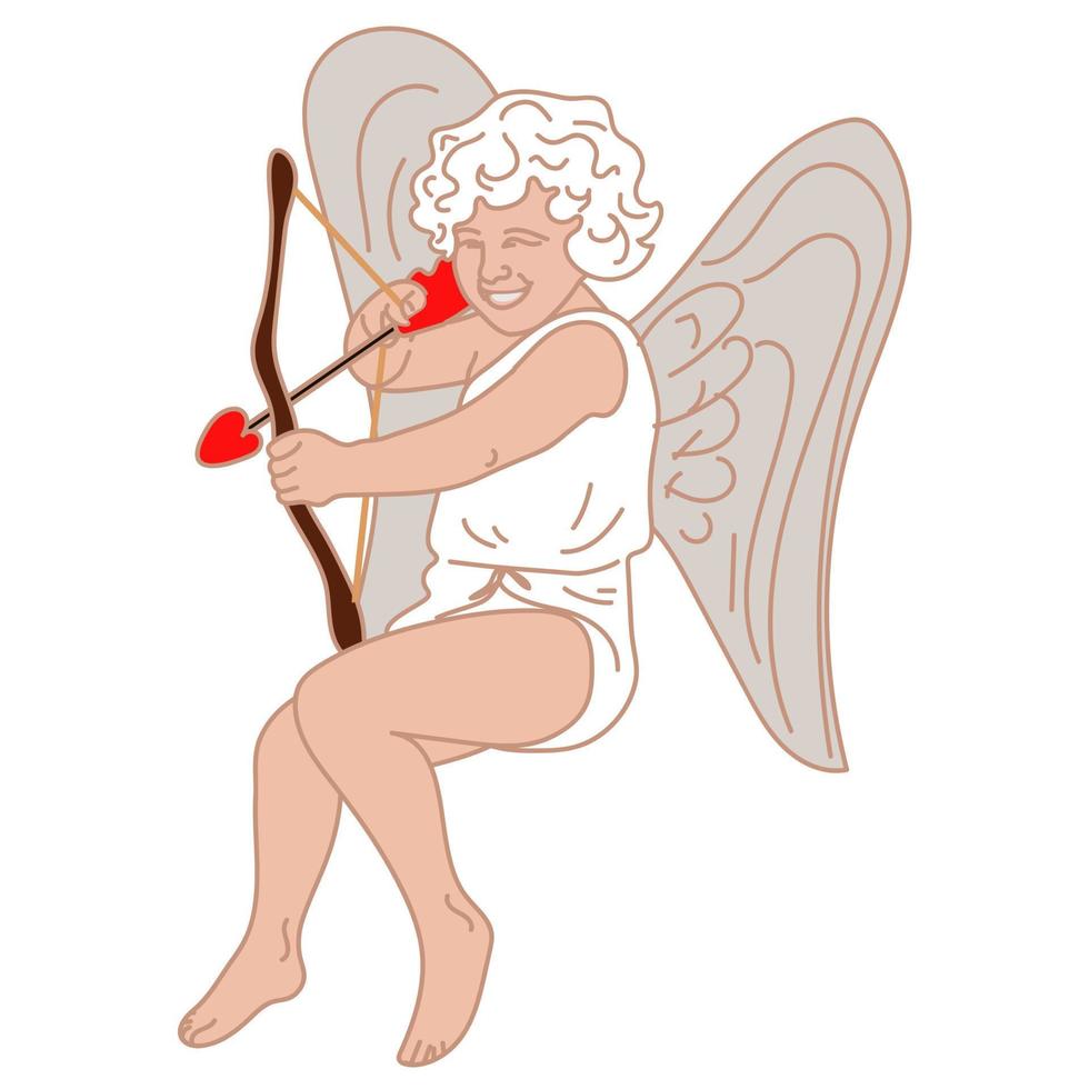 una ilustración de un pequeño cupido con un arco y una flecha, que apunta. un niño pequeño con alas vuela y apunta flechas de amor a las parejas. el tema del día de san valentín. amor retro vector