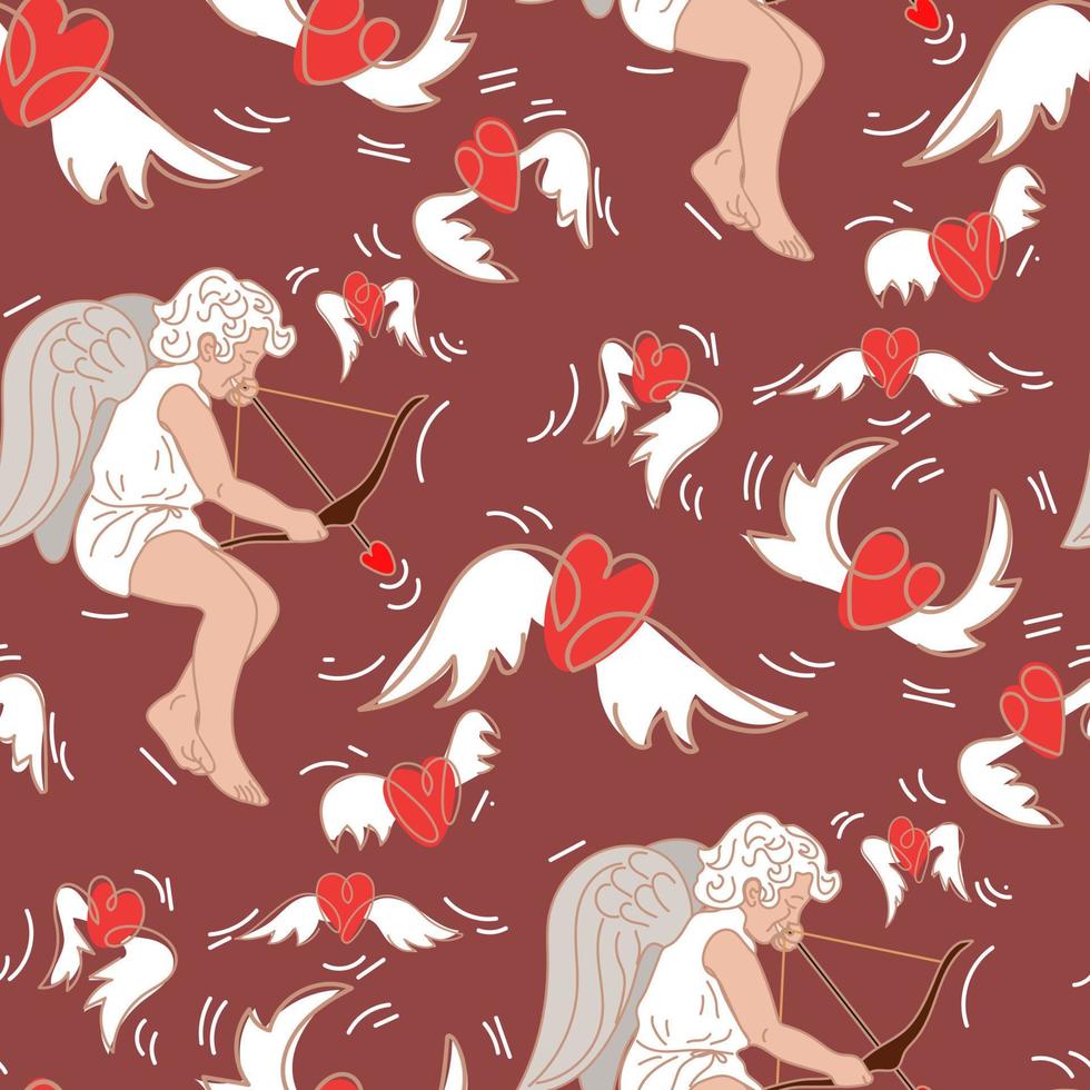 A pattern of cupids shooting at hearts and looking for a soul mate. Hunting for flying hearts. Angels with wings bows and arrows. Printing on textiles and paper. Cute retro style gift wrapping vector