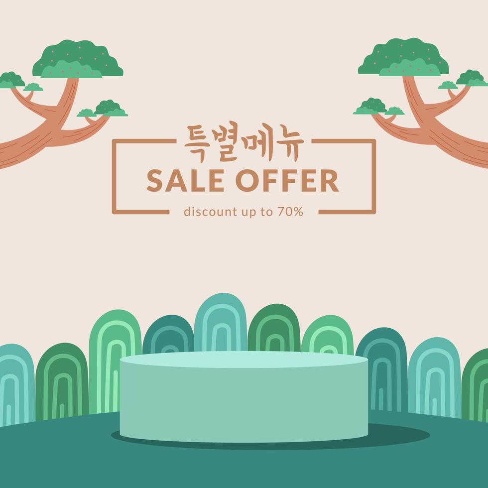 discount sale offer banner promotion square social media template with podium stage display with korean modern flat traditional pattern element vector