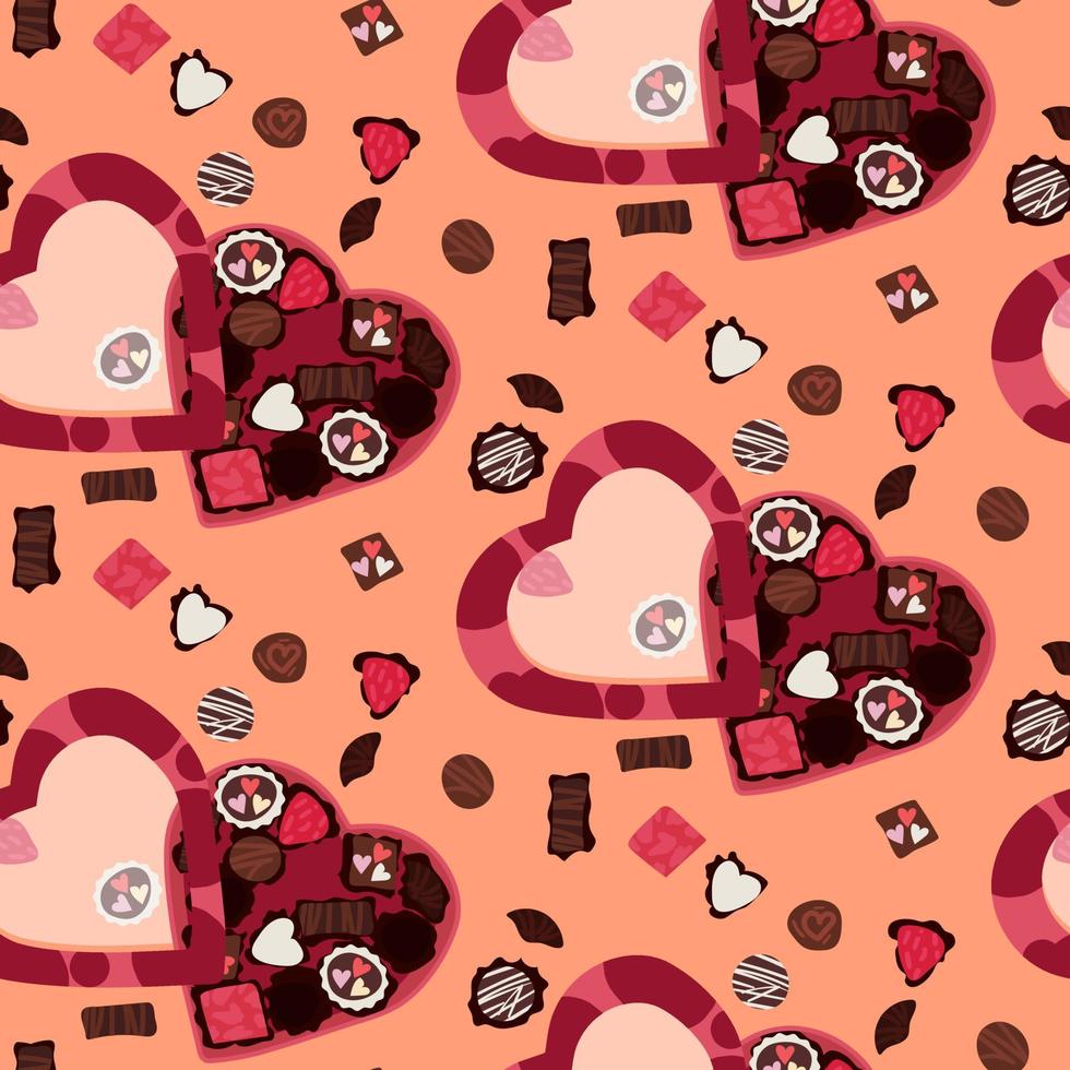 A pattern with a box of heart-shaped chocolates for Valentine's Day. Candy on a pink background. Printing on textiles and paper for the holiday. Mother's day, birthday. Gift packaging vector