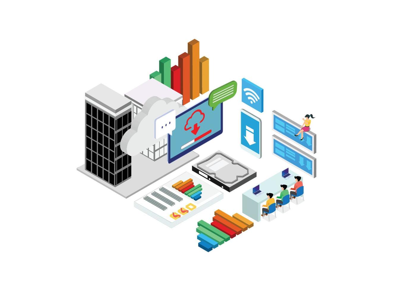 ilustración de tecnología de procesamiento de base de datos de nube inteligente isométrica moderna en fondo blanco aislado con personas y activos digitales relacionados vector