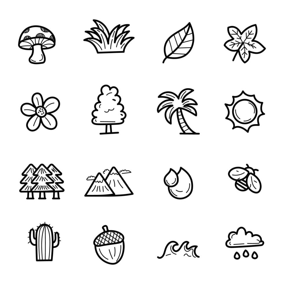 Set of nature elements doodle illustration with cute design isolated on white background vector