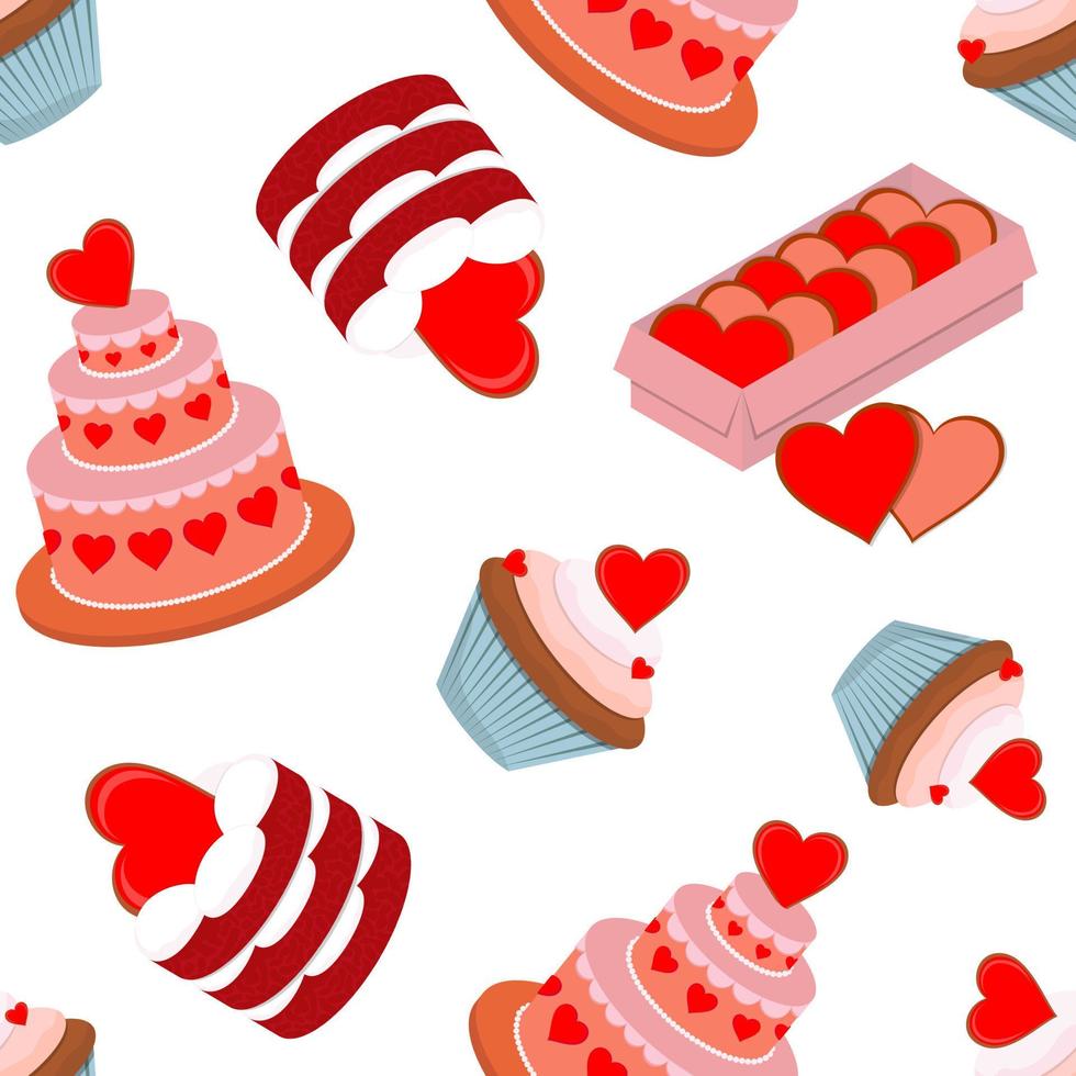patrón transparente de vector. postres dulces para el día de san valentín. tortas, cupcakes, tortas, galletas. vector