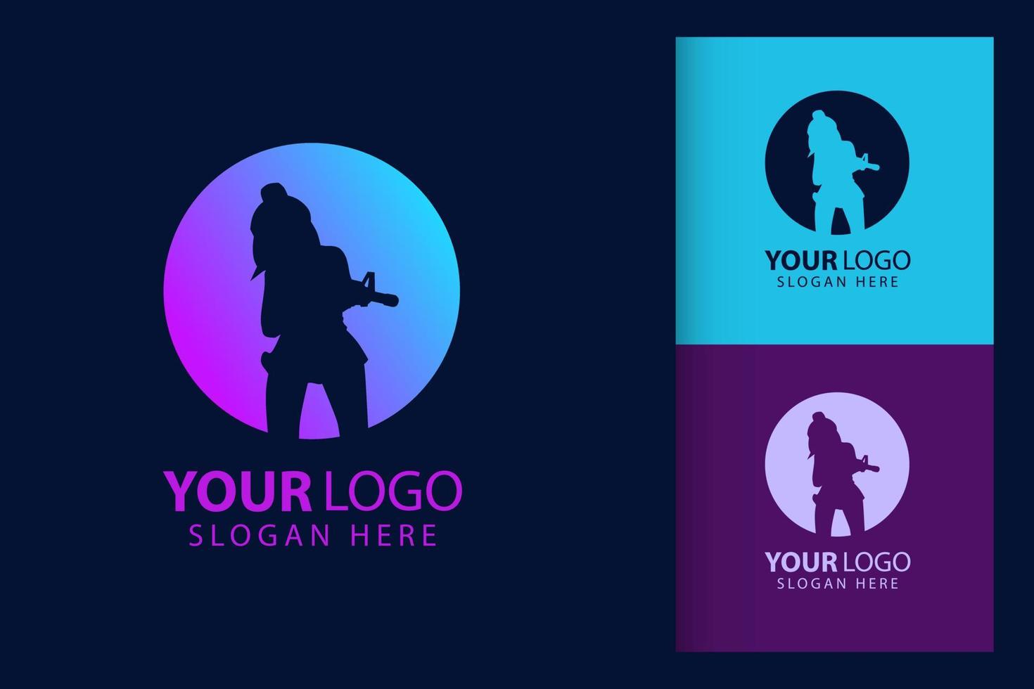 Beautiful woman holding gun logo. Colorful symbol template vector branding design. Isolated with soft background.