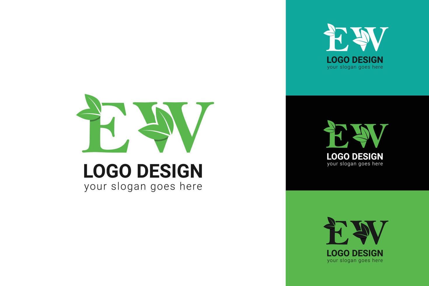 Ecology EW letters logo with green leaf. EW letters eco logo with leaf. Vector typeface for nature posters, eco friendly emblem, vegan identity, herbal and botanical cards etc.