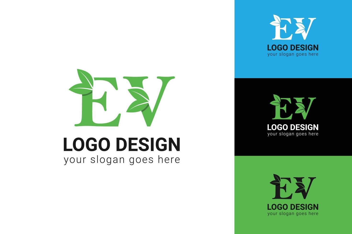 Ecology EV letters logo with green leaf. EV letters eco logo with leaf. Vector typeface for nature posters, eco friendly emblem, vegan identity, herbal and botanical cards etc.