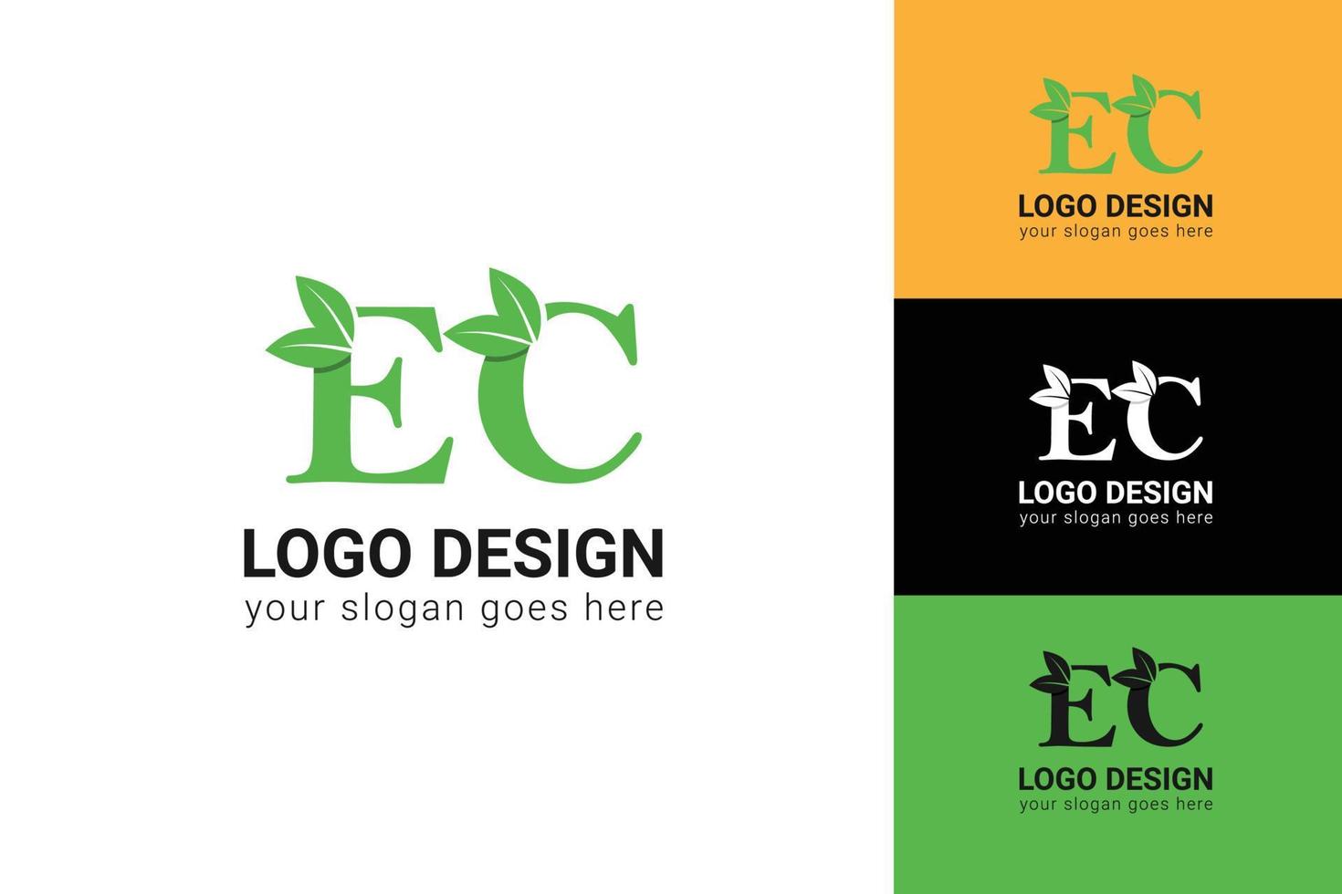 Ecology EC letters logo with green leaf. EC letters eco logo with leaf. Vector typeface for nature posters, eco friendly emblem, vegan identity, herbal and botanical cards etc.