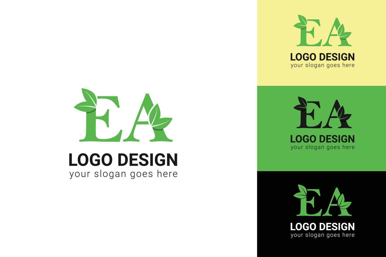 Ecology EA letters logo with green leaf. EA letters eco logo with leaf. Vector typeface for nature posters, eco friendly emblem, vegan identity, herbal and botanical cards etc.