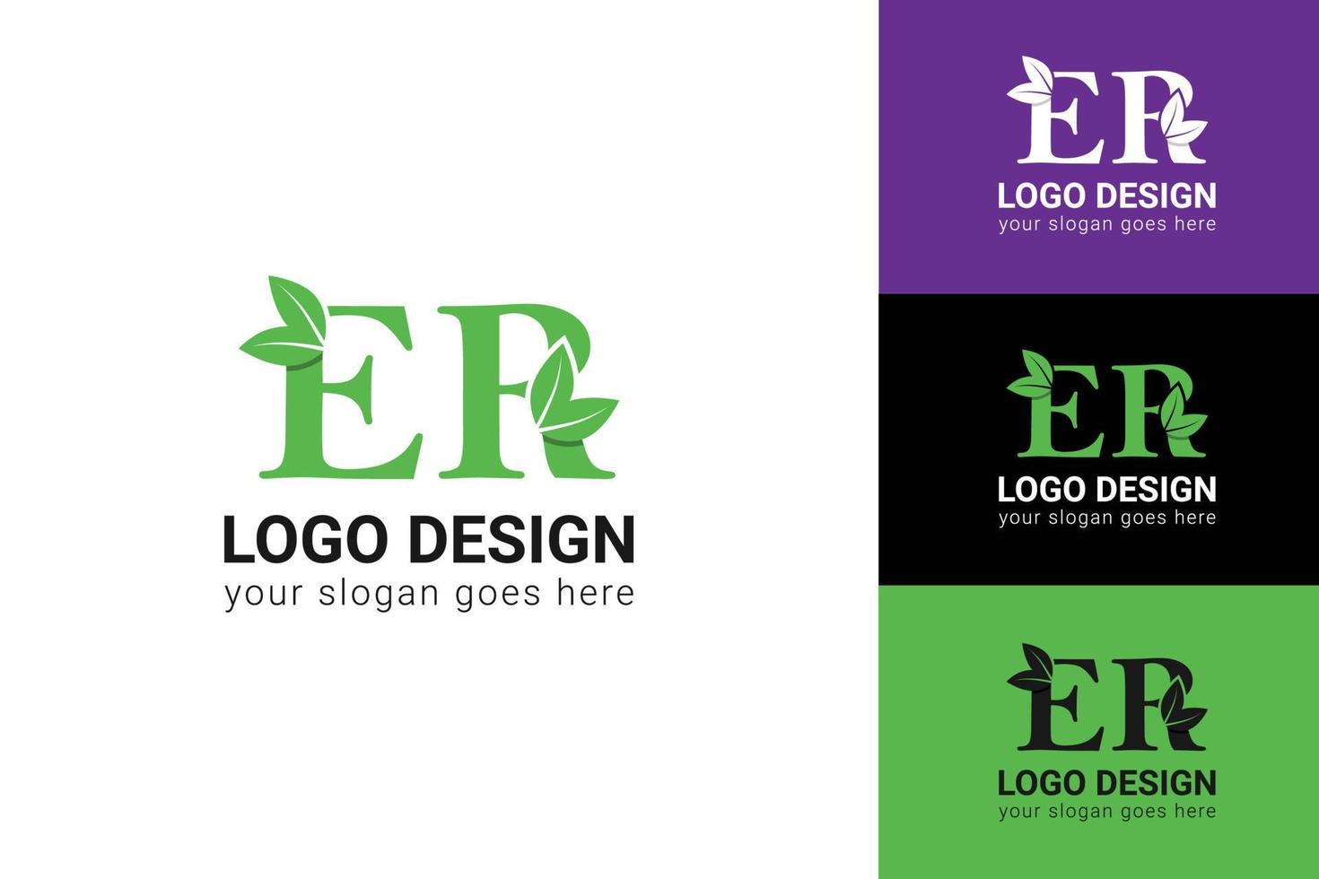 Ecology ER letters logo with green leaf. ER letters eco logo with leaf. Vector typeface for nature posters, eco friendly emblem, vegan identity, herbal and botanical cards etc.