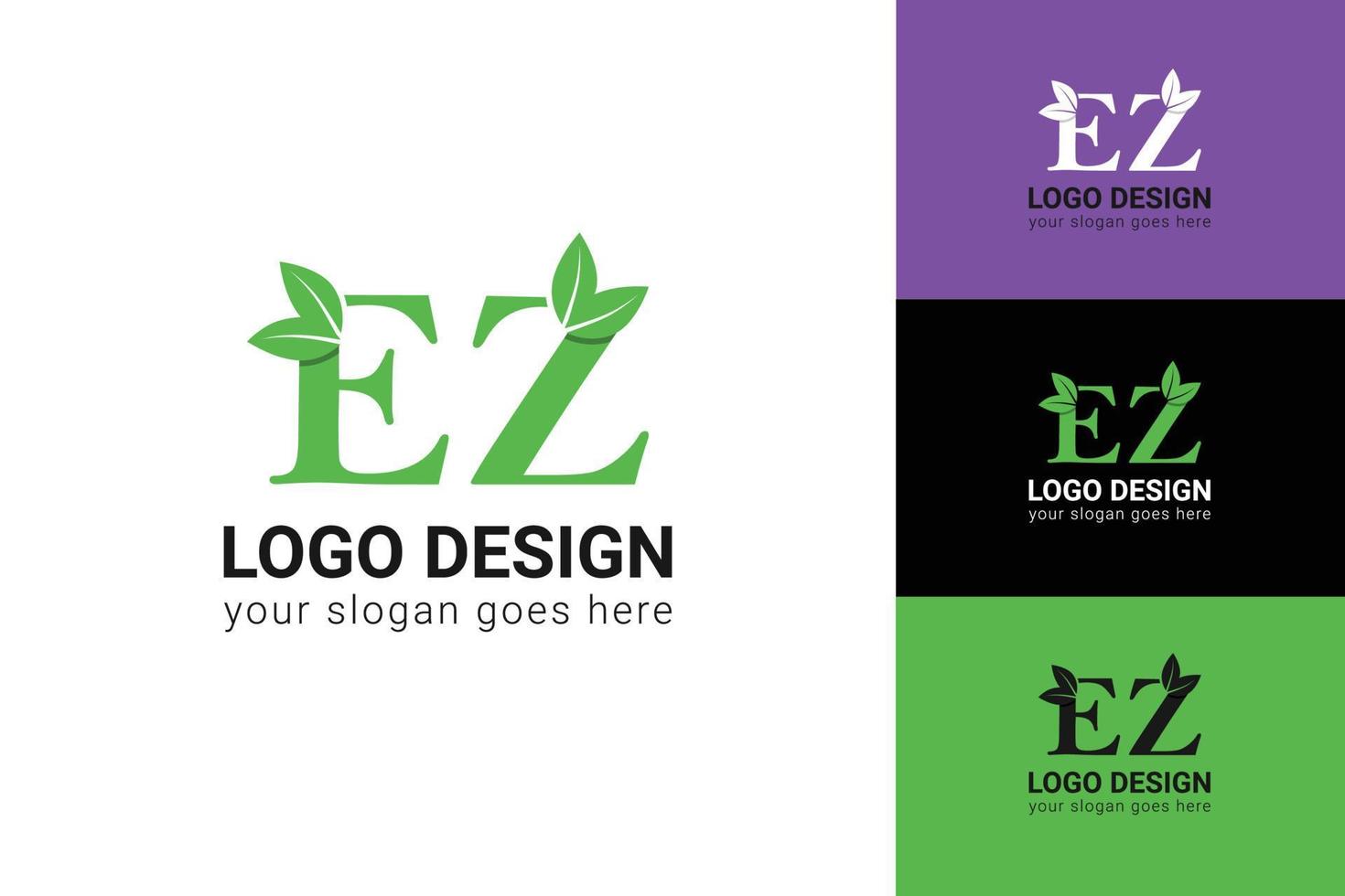 Ecology EZ letters logo with green leaf. EZ letters eco logo with leaf. Vector typeface for nature posters, eco friendly emblem, vegan identity, herbal and botanical cards etc.