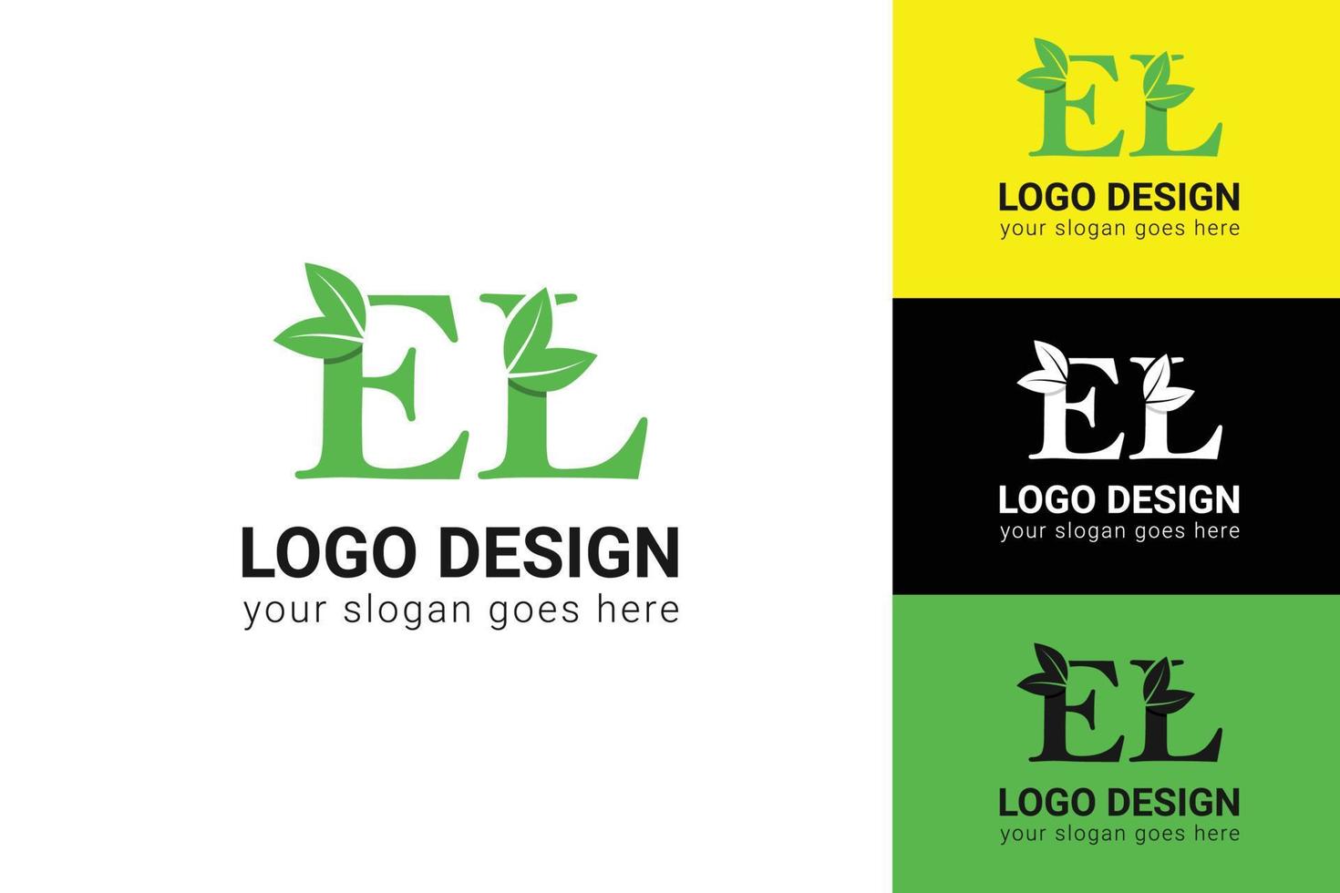 Ecology EL letters logo with green leaf. EL letters eco logo with leaf. Vector typeface for nature posters, eco friendly emblem, vegan identity, herbal and botanical cards etc