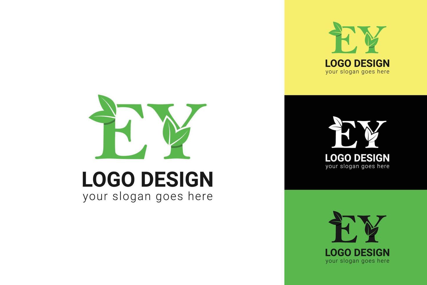 Ecology EY letters logo with green leaf. EY letters eco logo with leaf. Vector typeface for nature posters, eco friendly emblem, vegan identity, herbal and botanical cards etc.