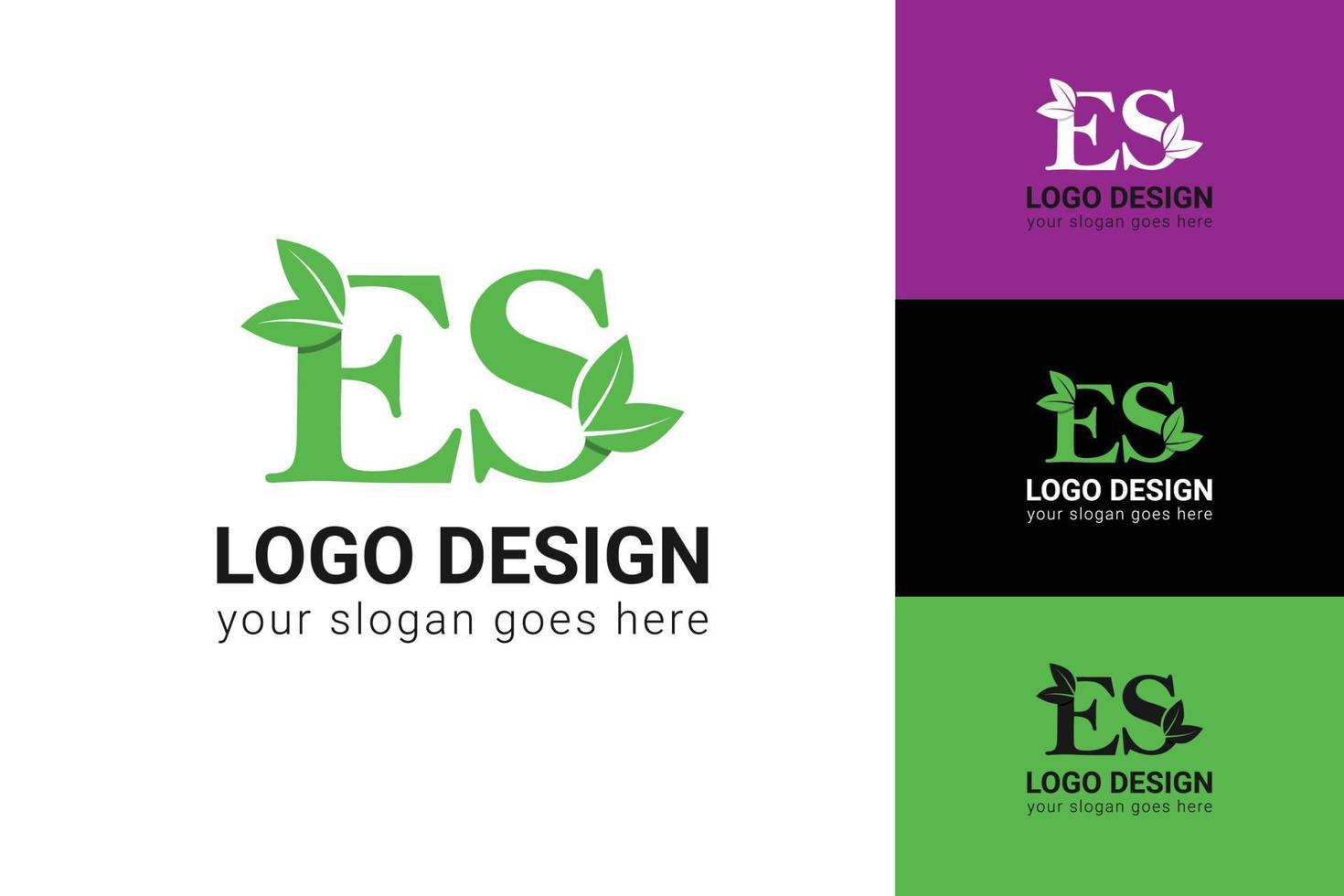 Ecology ES letters logo with green leaf. ES letters eco logo with leaf. Vector typeface for nature posters, eco friendly emblem, vegan identity, herbal and botanical cards etc.