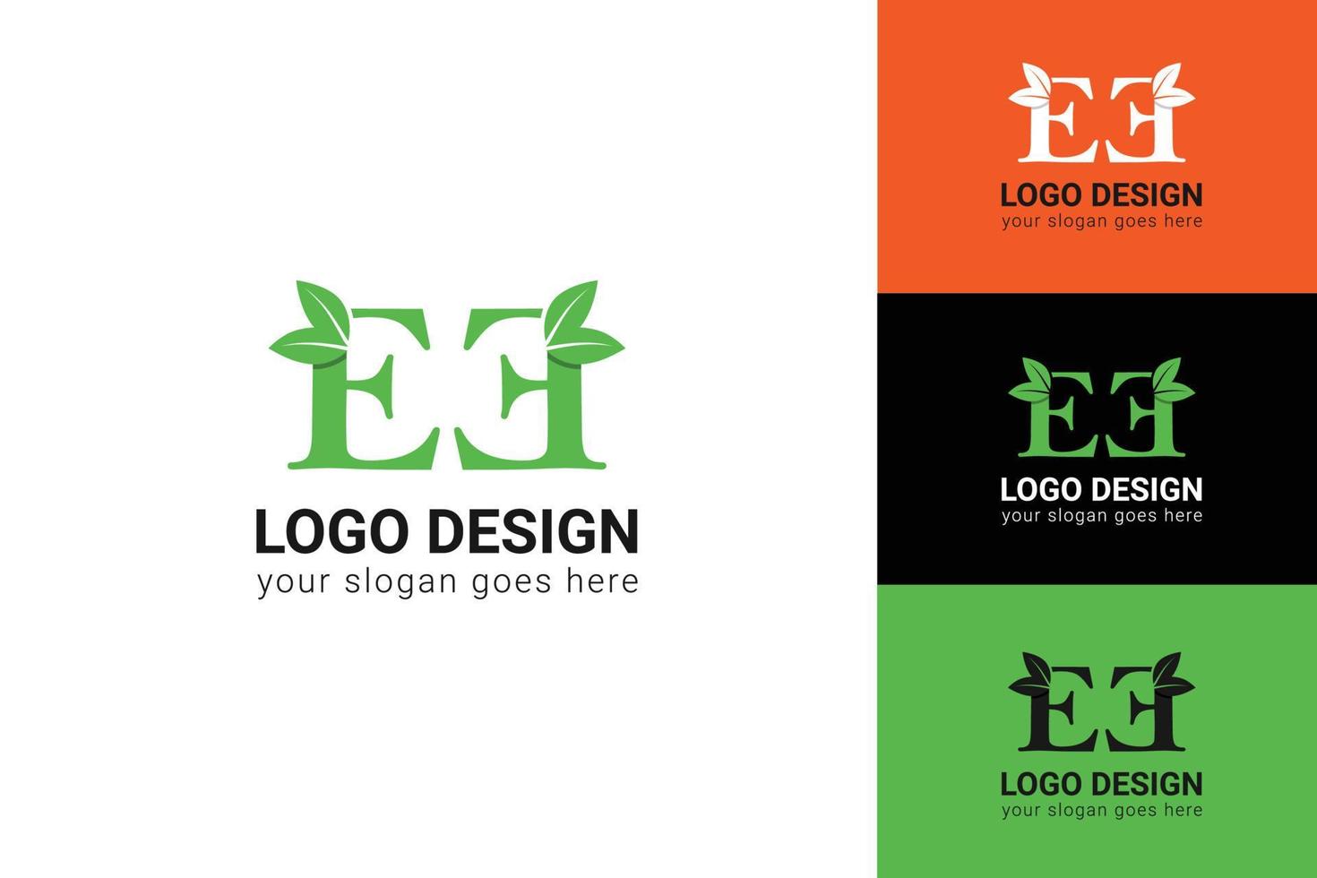 Ecology EE letters logo with green leaf. EE letters eco logo with leaf. Vector typeface for nature posters, eco friendly emblem, vegan identity, herbal and botanical cards etc.