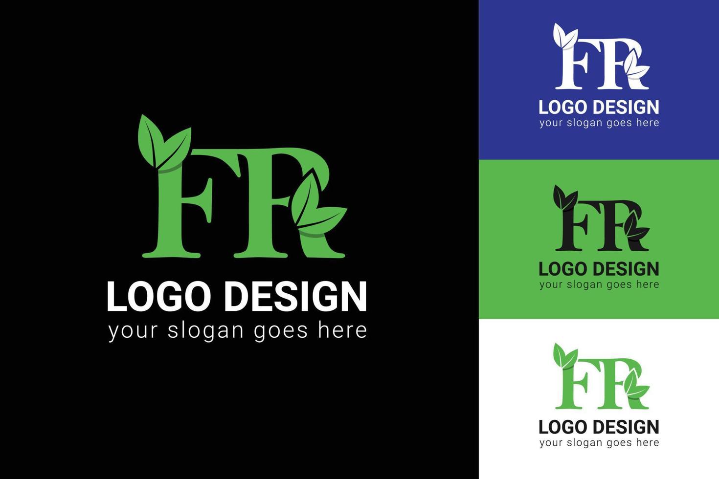 Ecology FR letters logo with green leaf. FR letters eco logo with leaf. Vector typeface for nature posters, eco friendly emblem, vegan identity, herbal and botanical cards etc.