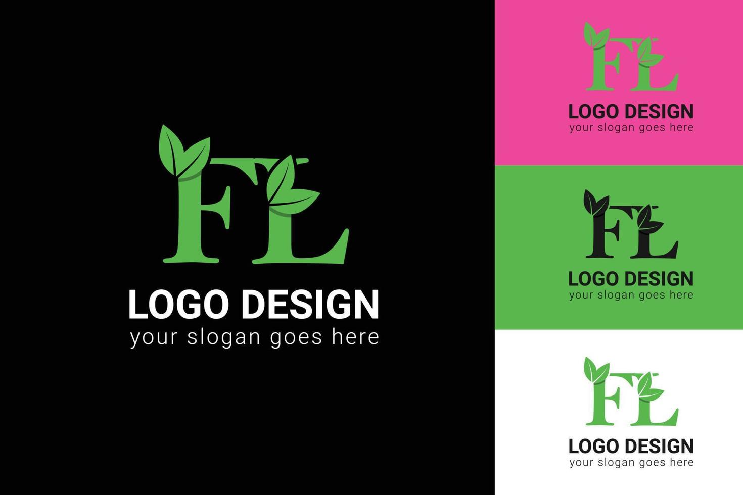 Ecology FL letters logo with green leaf. FL letters eco logo with leaf. Vector typeface for nature posters, eco friendly emblem, vegan identity, herbal and botanical cards etc