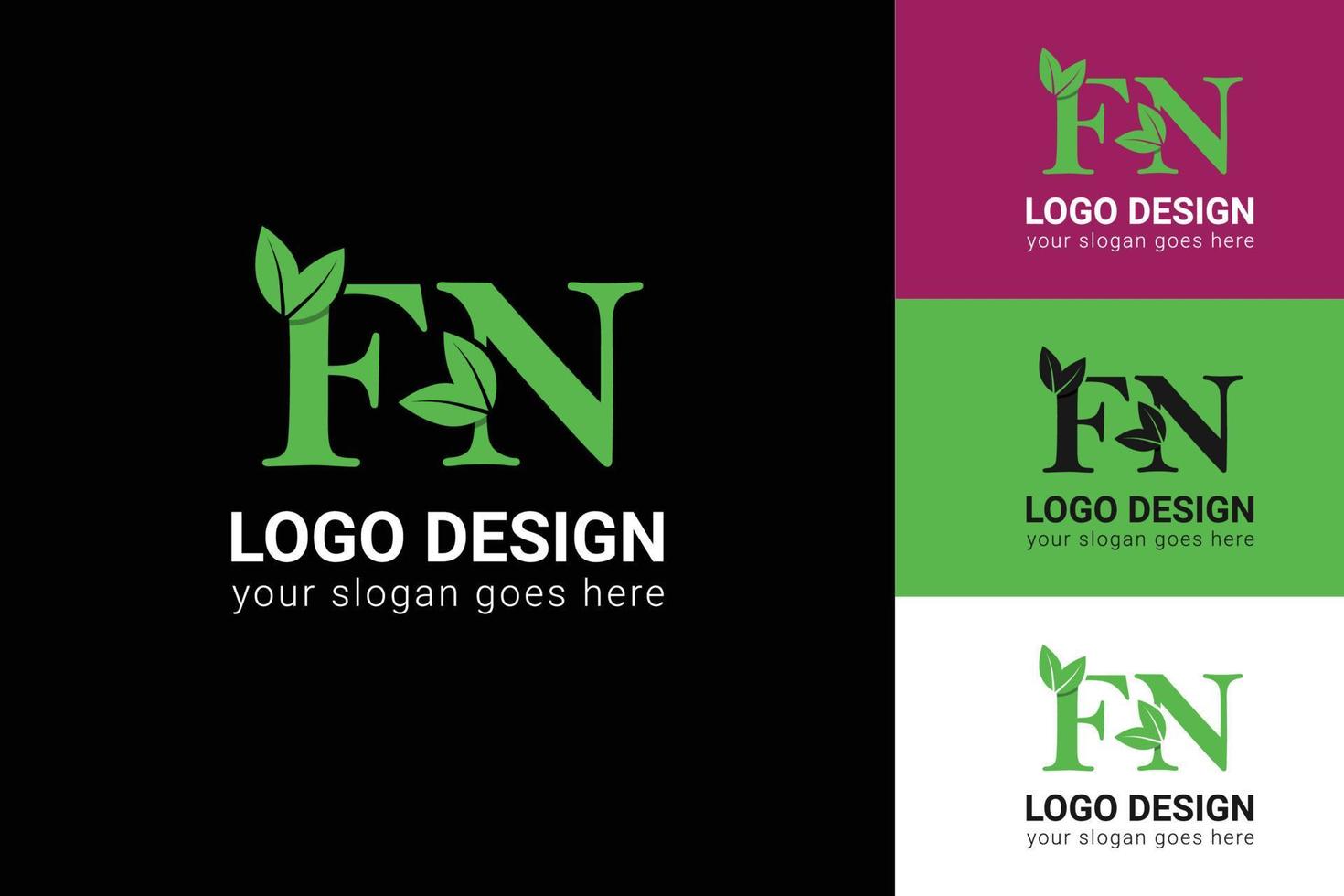 Ecology FN letters logo with green leaf. FN letters eco logo with leaf. Vector typeface for nature posters, eco friendly emblem, vegan identity, herbal and botanical cards etc.