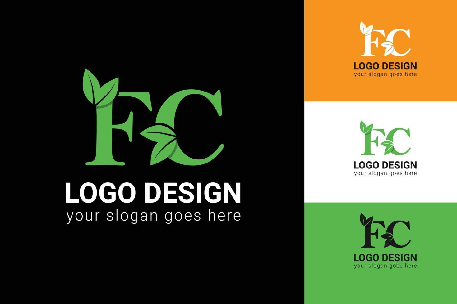 Ecology FC letters logo with green leaf. FC letters eco logo with leaf. Vector typeface for nature posters, eco friendly emblem, vegan identity, herbal and botanical cards etc.