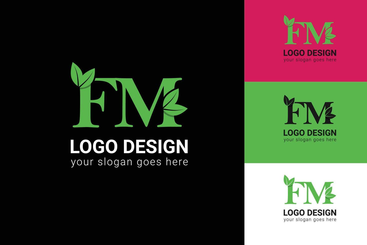 Ecology FM letters logo with green leaf. FM letters eco logo with leaf. Vector typeface for nature posters, eco friendly emblem, vegan identity, herbal and botanical cards etc.